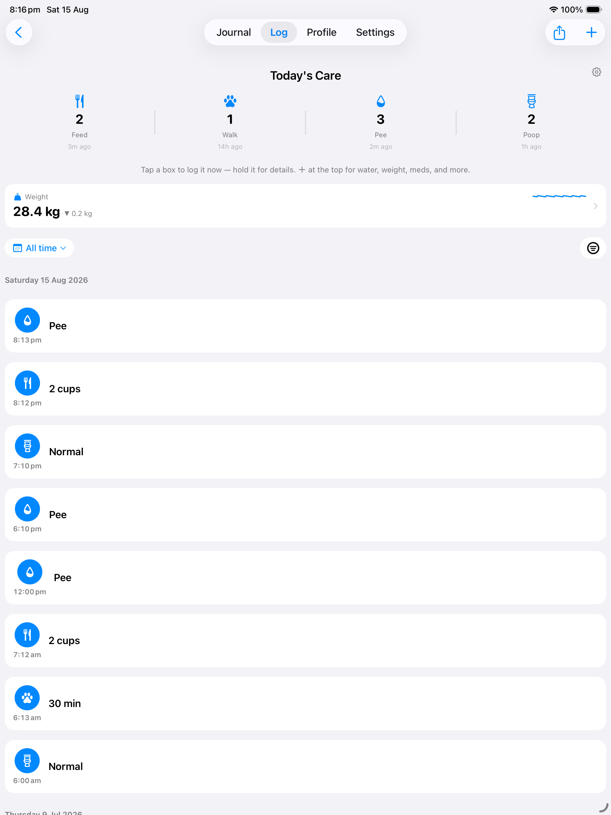 Pawprints daily log on iPad