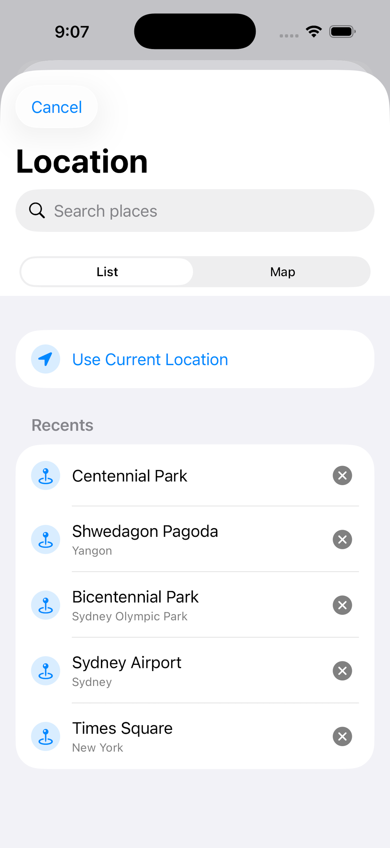 Redesigned location picker with List view, search, and recent places