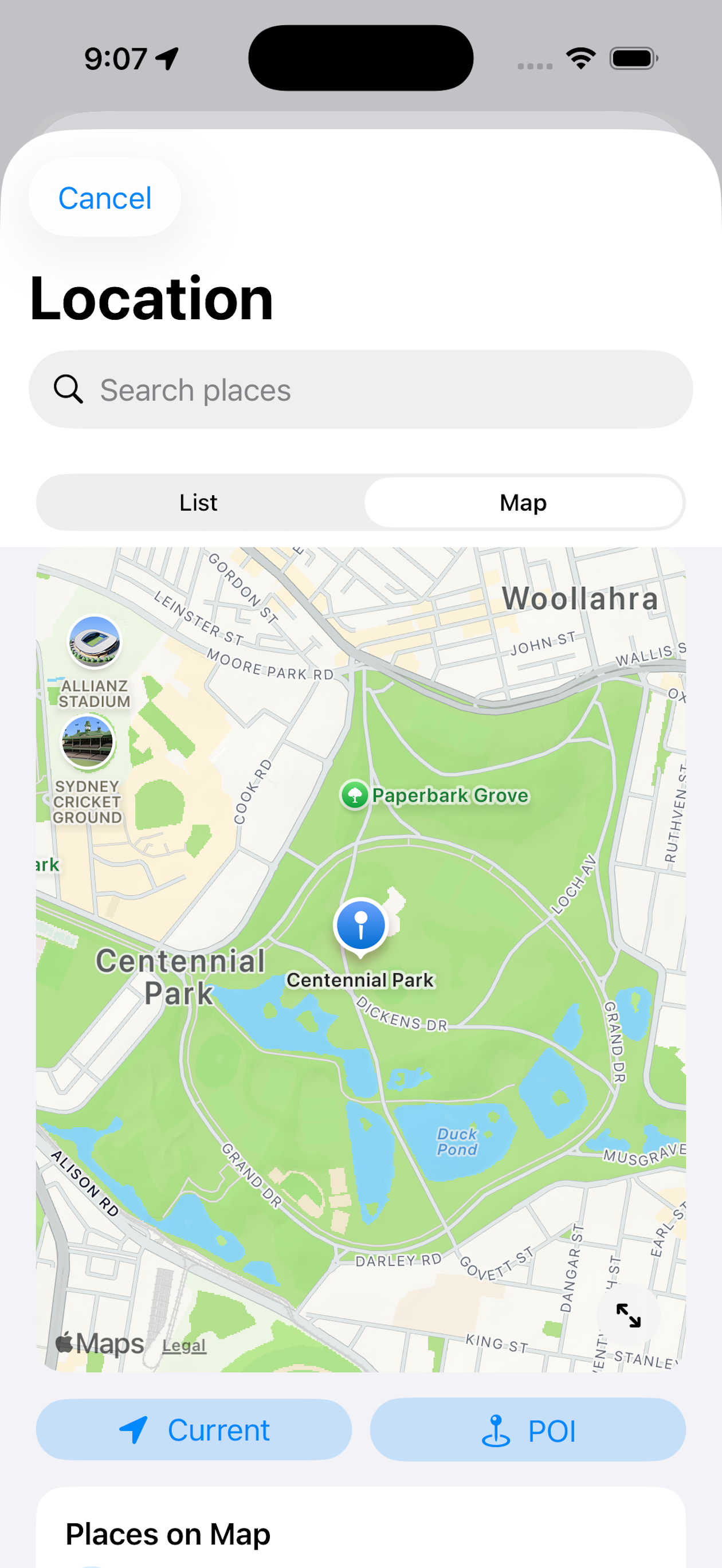 Location picker Map view with a larger map preview