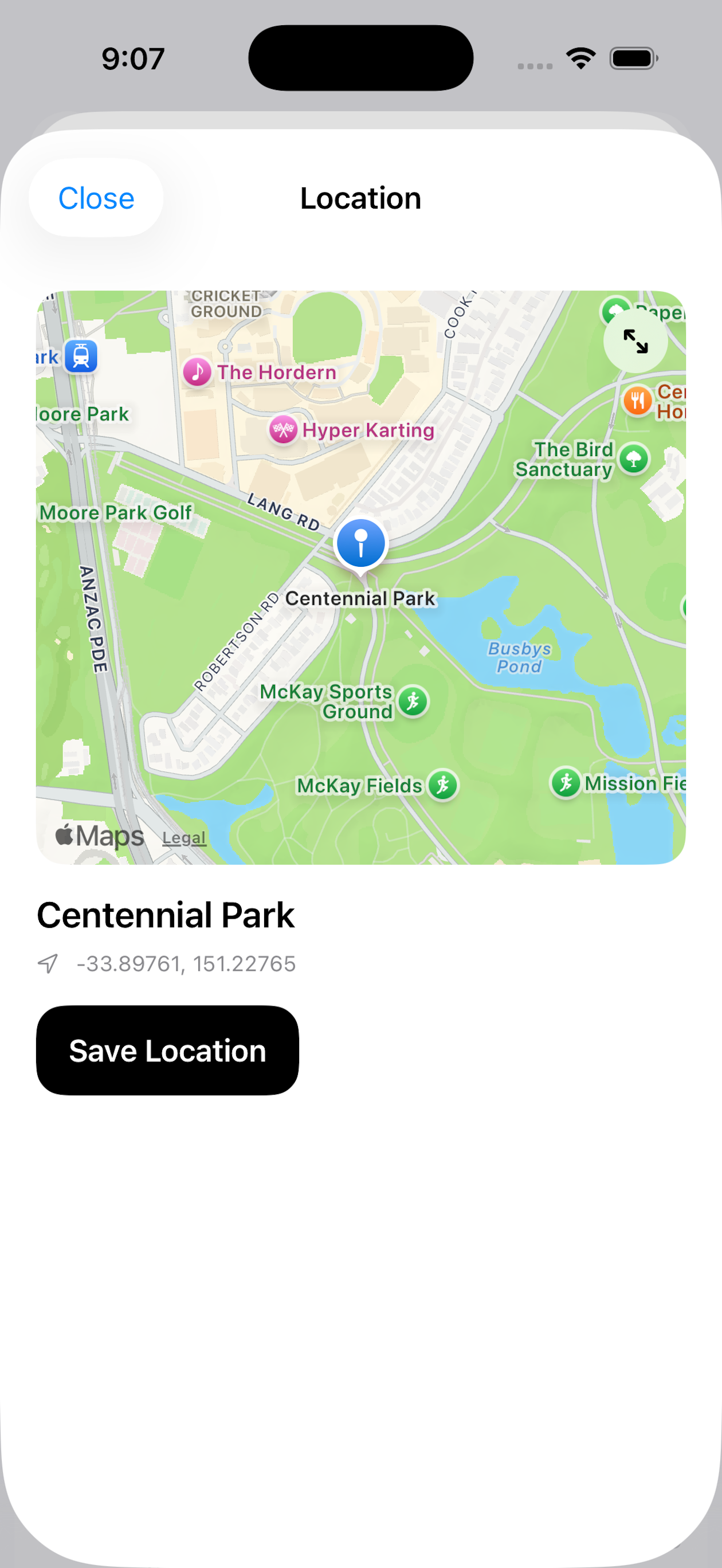 Full-screen map review before saving a location