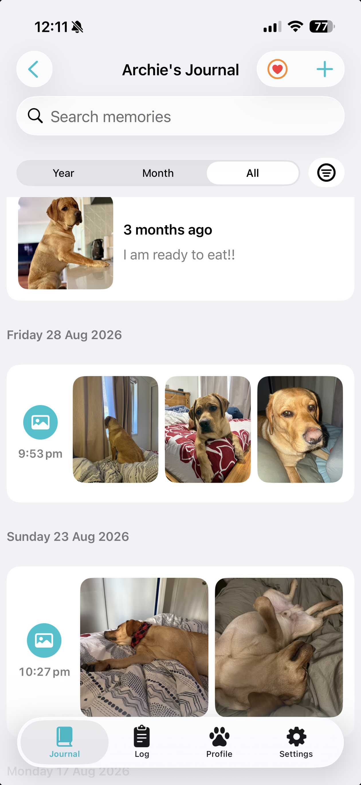 Journal showing search, On this day, and photo memories