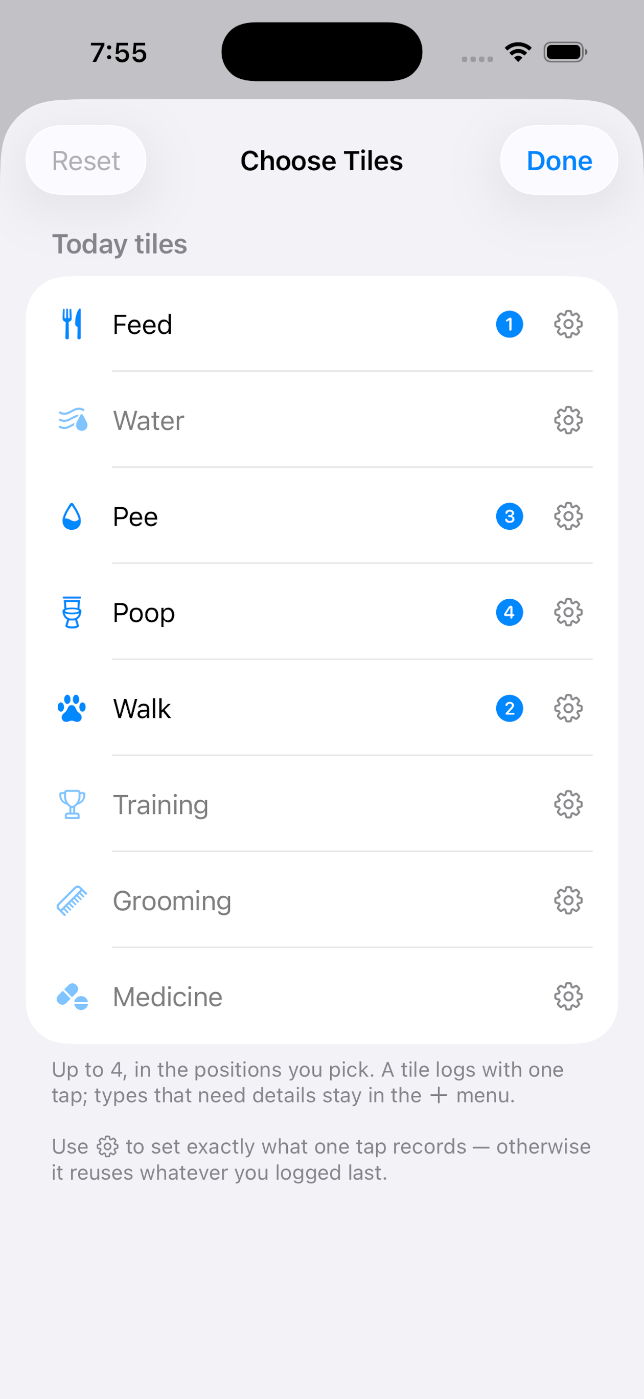 Choose and customise one-tap care tiles