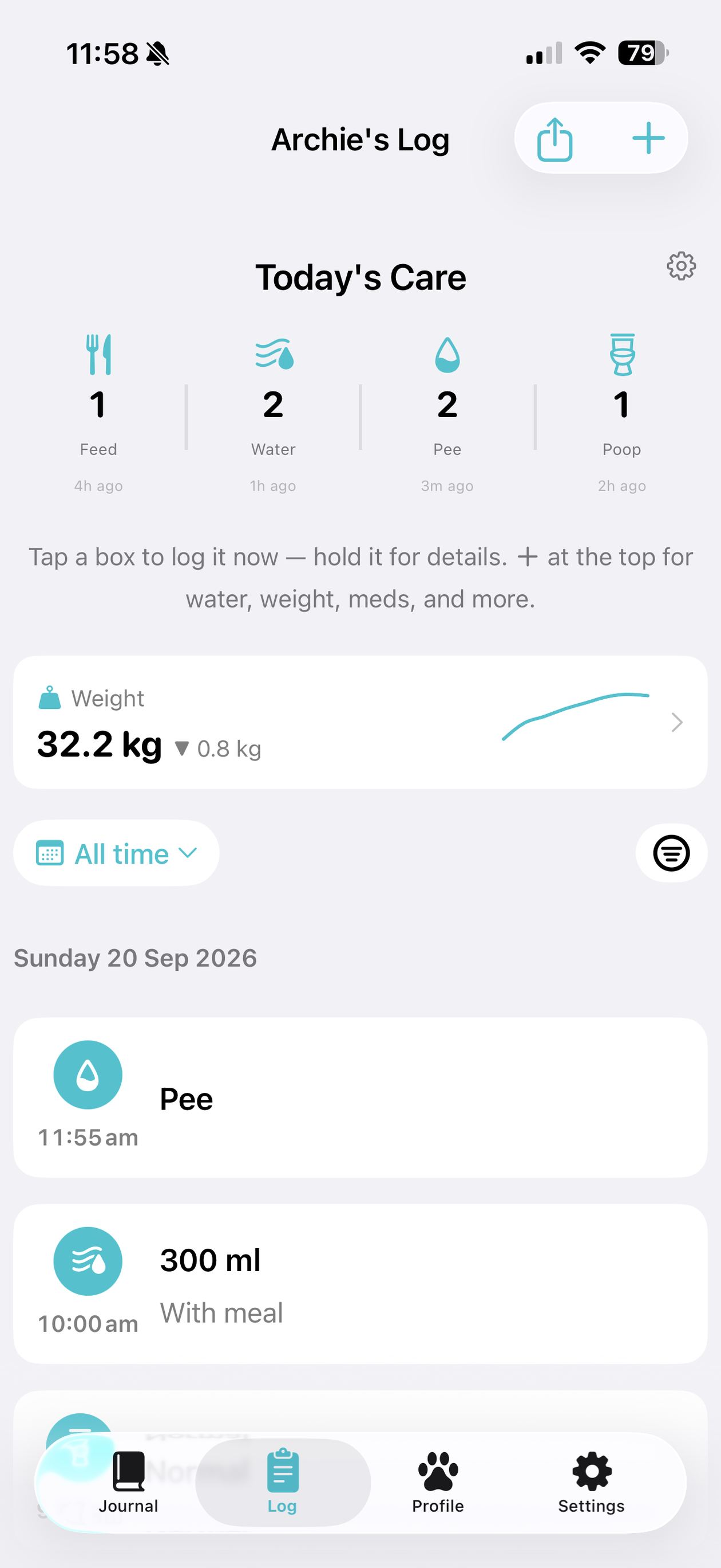 Daily log showing one-tap care tiles with last-done times, weight, and recent activity