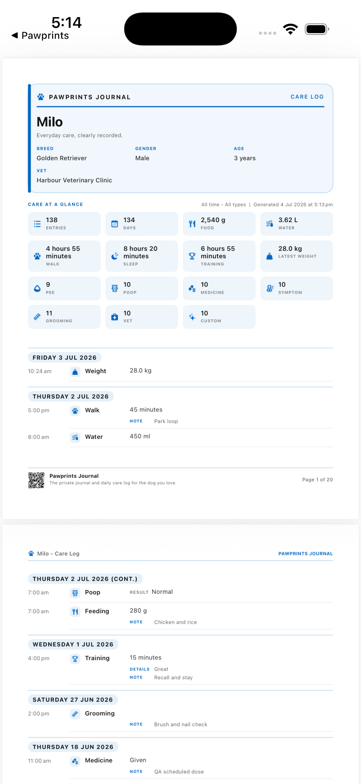 Exported vet-ready PDF care report