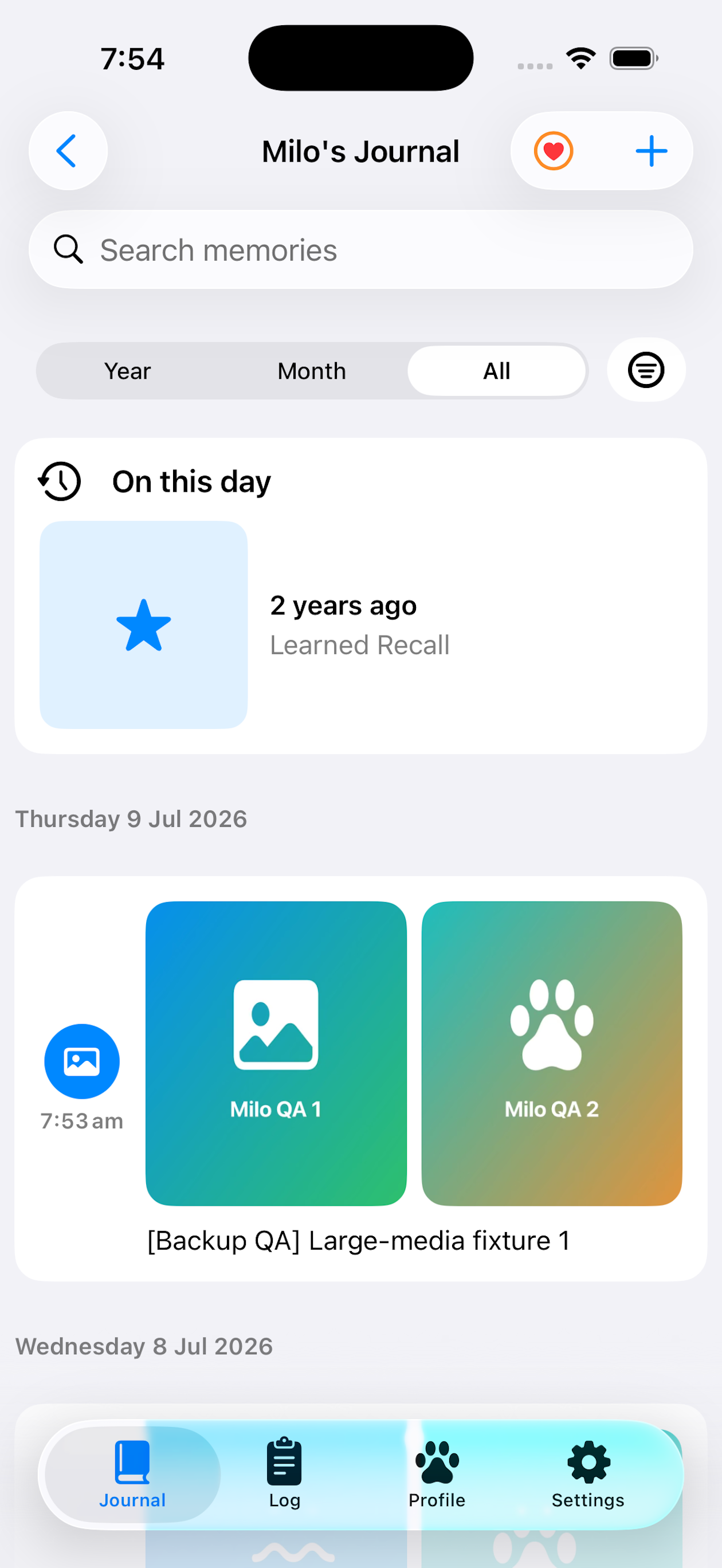 Journal showing search, On this day, and photo memories