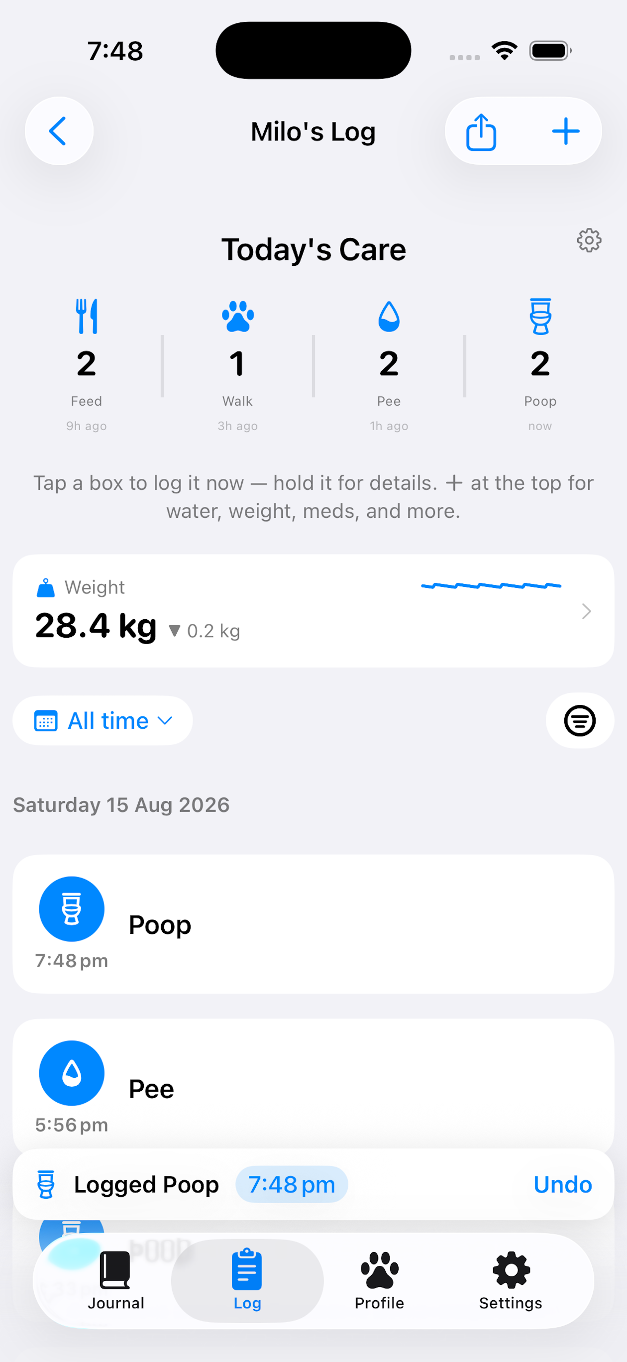 Daily log showing one-tap care tiles, recent activity, and Undo