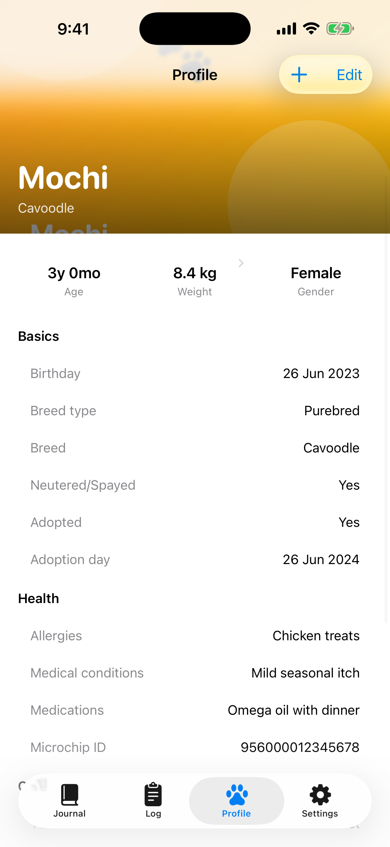 Dog profile screen showing photo, name, and age