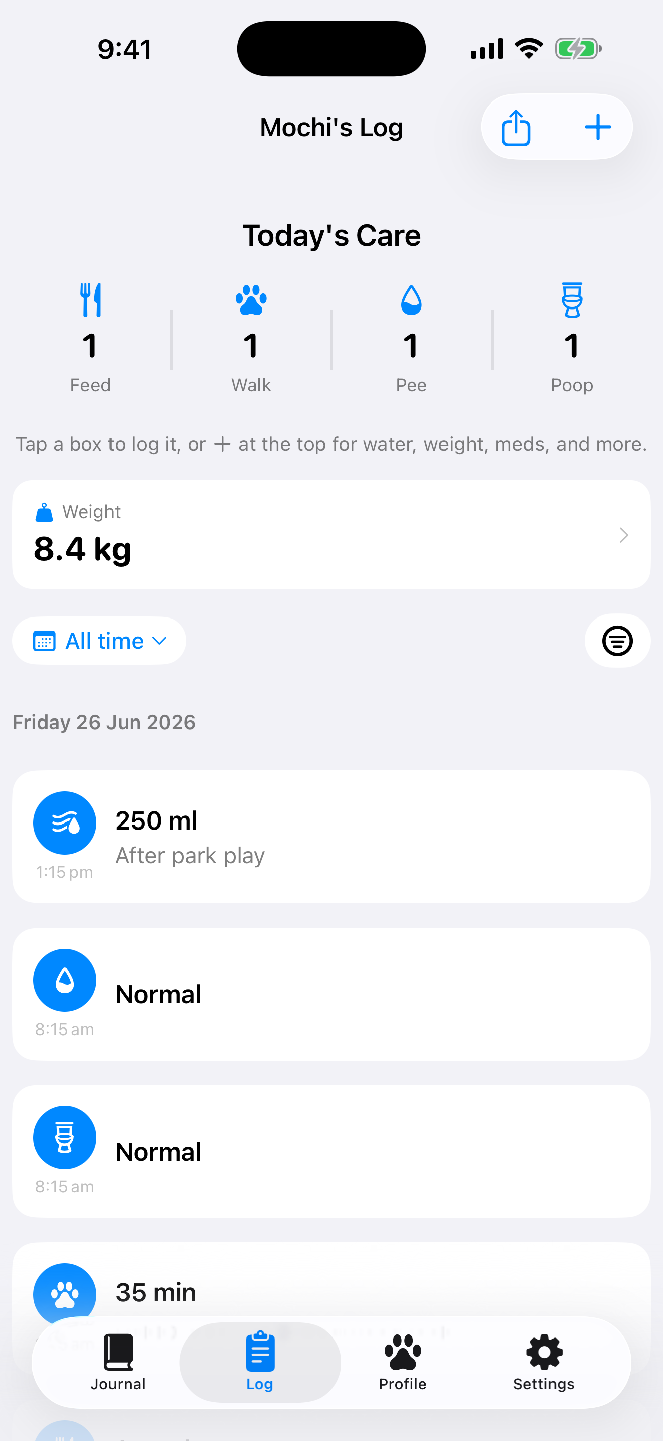 Daily log screen with one-tap care tiles