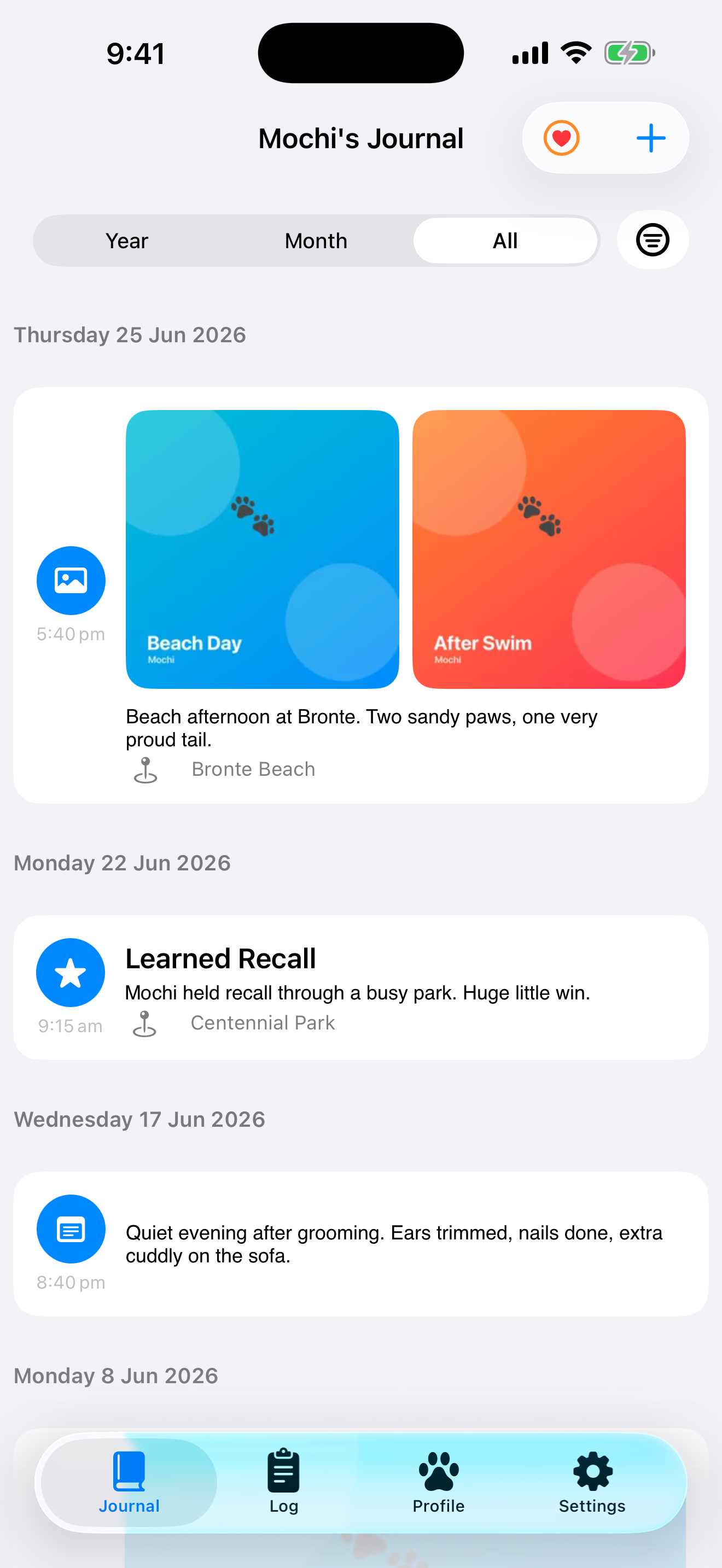 Journal feed timeline with photo, milestone, and note cards