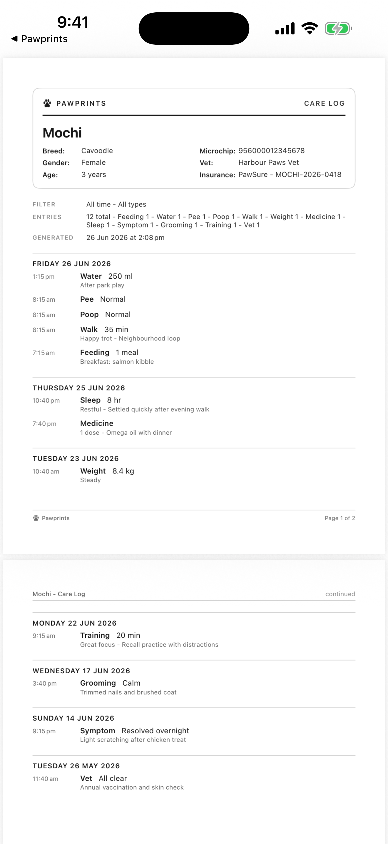 Exported vet-ready PDF care report